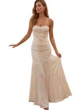 Sky Off-White Strapless Maxi Dress Crochet Lace Boho Bridal Beach - Size XS